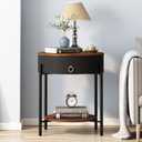 OIOG Modern Side Table with Drawer, Industrial 2 Tier End Table with Shelf, Wood Grain Nightstand with Storage for Living Room, Bedroom, Office, Dorm, Black, 21.26 Inches X 21.26 Inches X 23.78 Inches