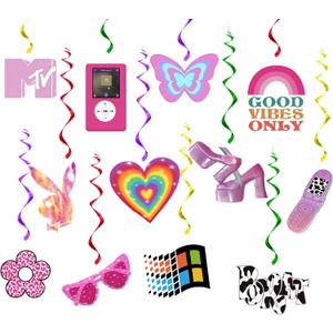 24Pcs Y2k 2000s Pink Party Swirl Decorations Hanging Spiral Decor Whirl Streamers Rainbow Hearts Ceiling Streamers Y2k Spiral Favors for Birthday Female Bachelorette