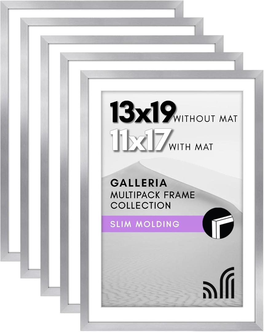 Americanflat 13x19 Picture Frame with Polished Plexiglass - Set of 5 - Use as 11x17 Frame with Mat or Display 13x19 Photo Without Mat - Galleria Collection - Picture Frames for Wall Display - Silver