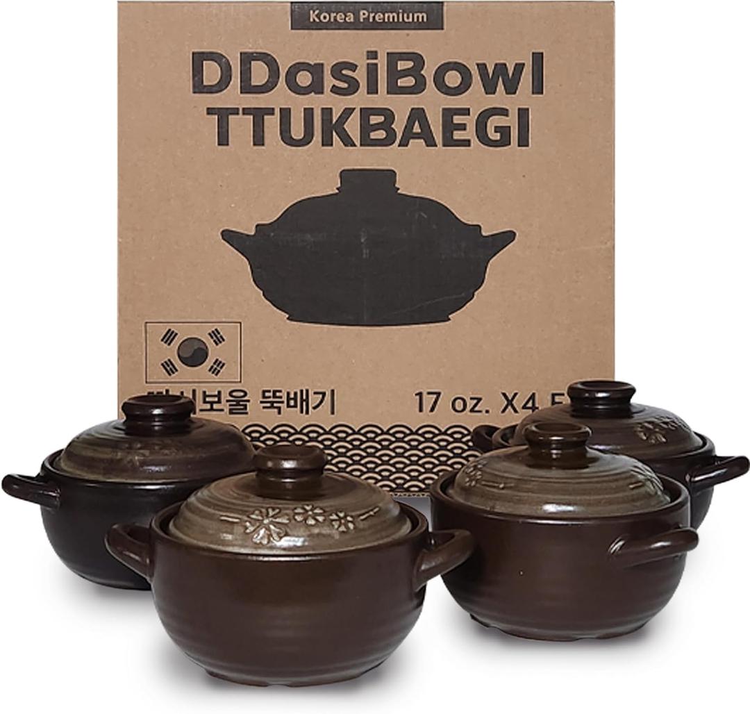 4-Pack Korean Clay Pots (17oz / 500ml) with Lids & Handles  Ttukbaegi Stone Bowls for Cooking Bibimbap, Donabe Style Korean Clay Cookware  Oven & Stovetop Safe
