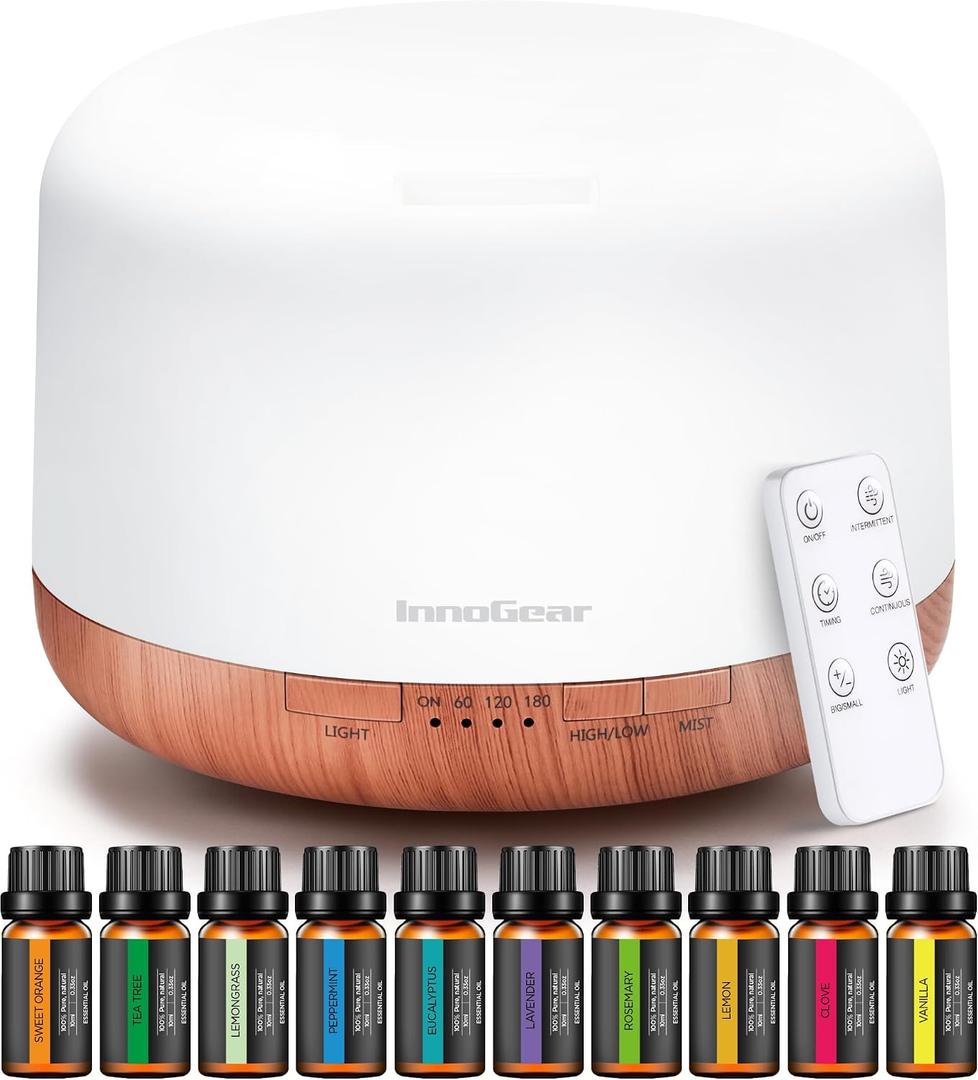InnoGear Aromatherapy Diffuser & 10 Essential Oils Set, 500ml Essential Oil Diffuser with Remote Control Mother's Gift Ultrasonic Cool Mist Scent Humidifier Vaporizer Auto-Off Timer for Home, Yellow