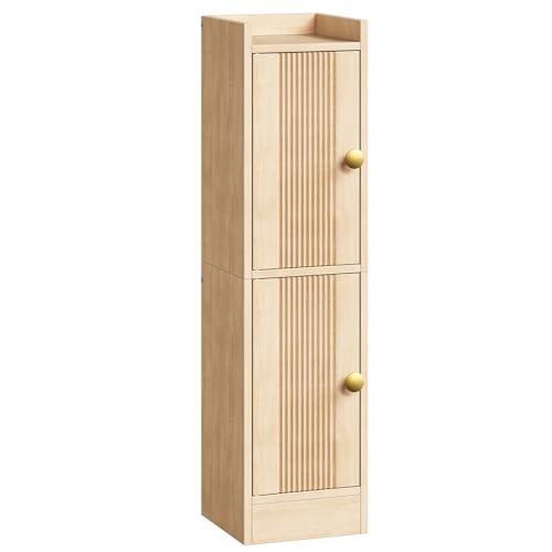 Fluted Bathroom Storage Cabinet, Small Floor Cabinet with 2 Wavy Doors and Adjustable Shelves, Slim Bathroom Organizer with Raised Top, Narrow Toilet Paper Storage for Small Spaces, Natural