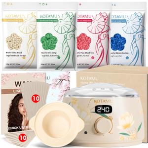KOTAMU Waxing Kit for Women & Men, Wax Warmer for Hair Removal, Digital Wax Kit with Silicone PotIdeal for Face Eyebrow Arm Legs Armpit &Sensitive Skin, Bloomy Waxing Machine for Home Salon Use (3.5 Ounce (Pack of 4))
