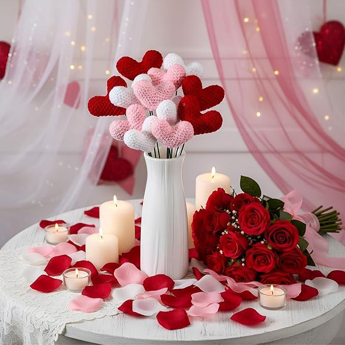 12 Pcs Valentine's Day Hearts Ornaments Crochet Heart Flowers Tree Decorations Galentine Tree Picks Knitted Heart Stems Bouquet Handmade Red Pink White Hearts for Valentine Bowl Vase Filler Gifts