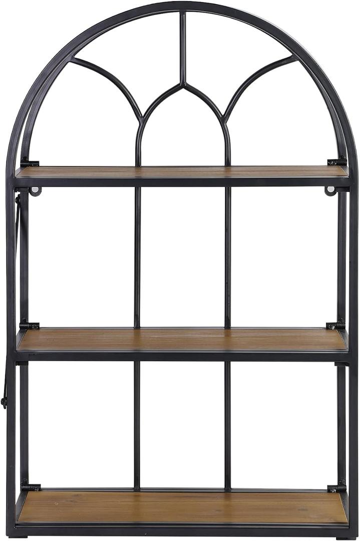 Arched Foldable Metal & Wood Wall Shelf – 3 Tier Freestanding Floating Ledge Shelves Window Design Storage Rack for Home Décor, Single-sided Framed