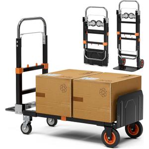 3-in-1 Convertible Aluminum Hand Truck 550lbs Capacity, 10" Rubber Wheels 3 Adjustable Positions for Warehouse, Home & Garden Moving, Heavy Duty Folding Dolly Cart (500LB)