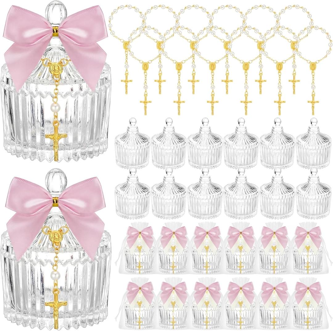 Chuangdi 12 Sets 48 Pcs Baptism Favors for Guests Crystal Candy Bowl Gifts with 12 Pcs Cross Rosary for Baptism Decorations Wedding Baby Shower Party Supplies First Communion (Pink)