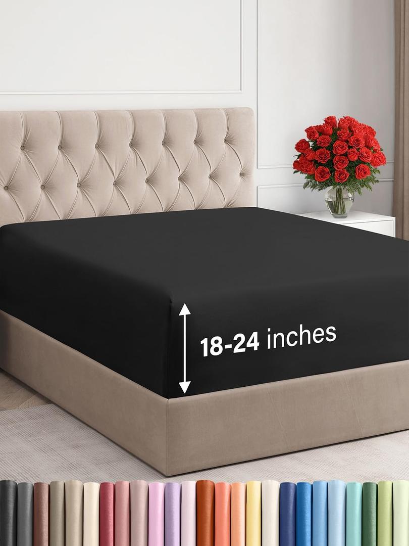 Extra Deep Full Fitted Sheet - Hotel Luxury Single Fitted Sheet Only - Easily Fits 18 inch to 24 inch Mattress - Ultra Soft, Wrinkle Free w/Extra Deep Pockets - Easy-Care, Breathable & Comfy - Black