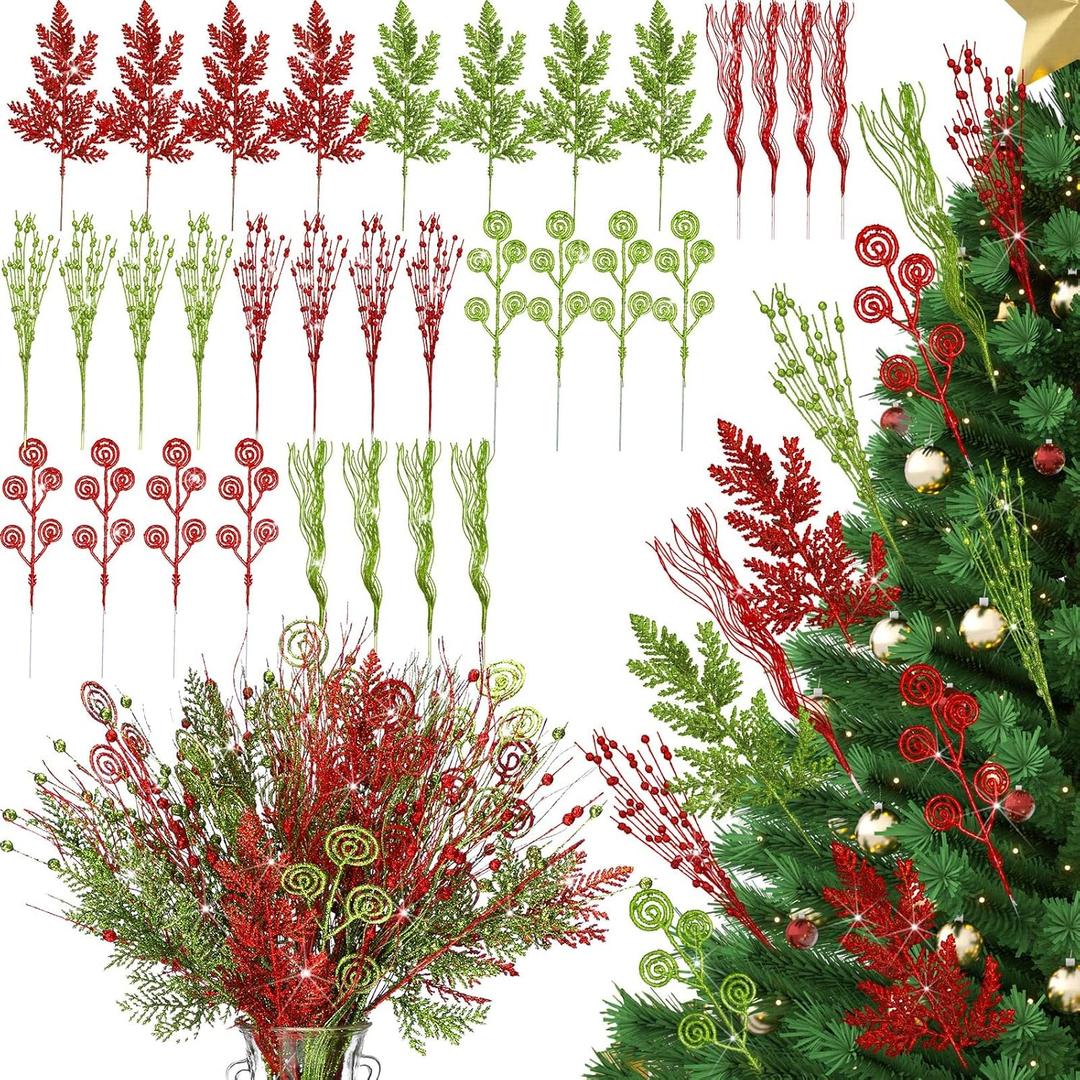 XunYee 32 Pcs Glitter Christmas Tree Picks Decorations Red and Lime Green Christmas Picks Artificial Xmas Berry Stems Branches Candy Shape Twigs for Xmas Tree Topper Vase Fillers Wreath Crafts