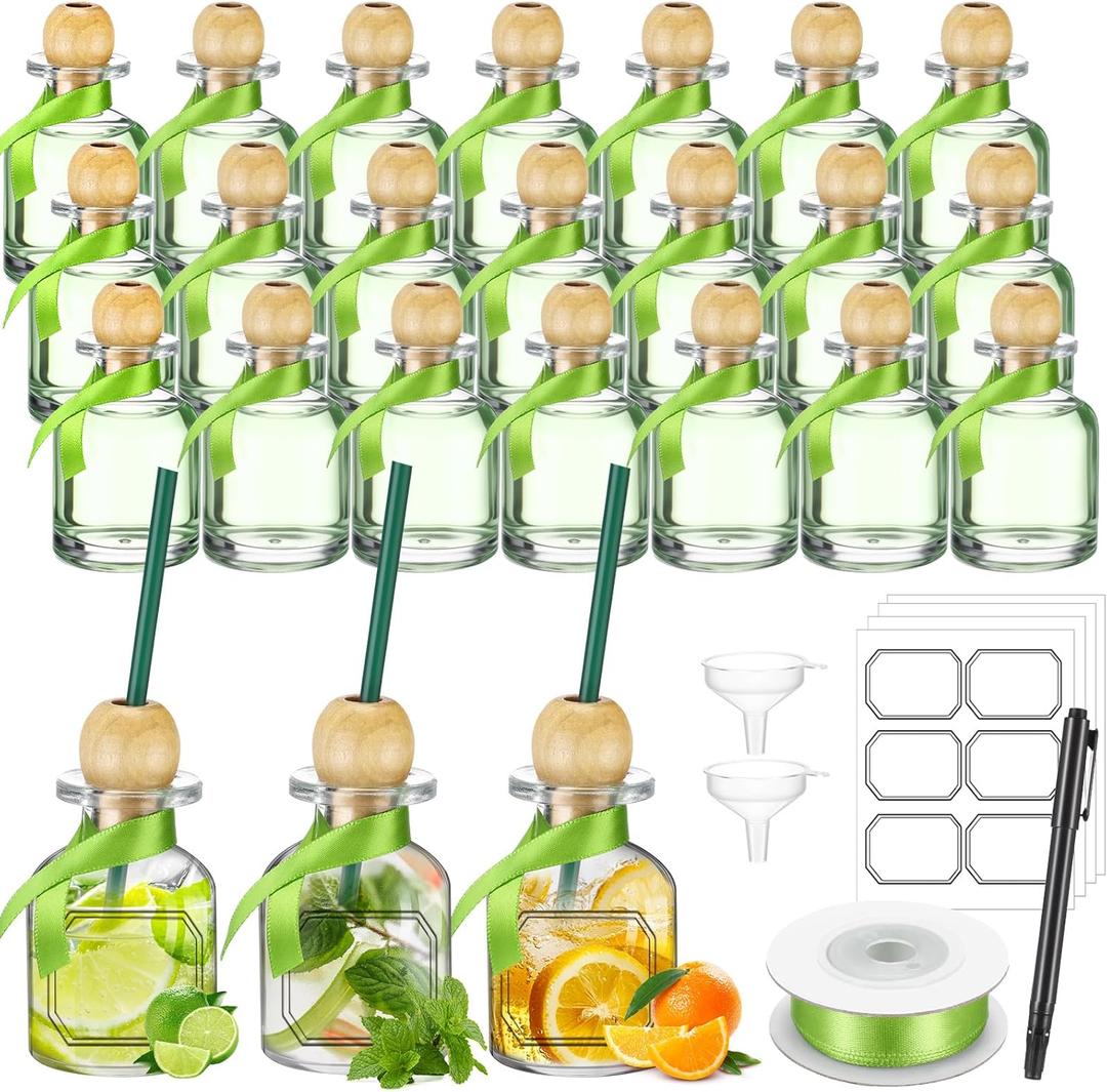 Baderke 24 Pcs 1.7 oz Shot Glasses Patron Bottles with Cork Straw 50ml Mini Empty Tequila Bottles for Drinks Small Reusable Clear Glass Patron Shot Cup with Silk Ribbon Wedding Party Favors, 2 x 2.8in