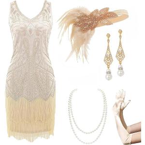 Women’s Flapper Dresses Set 1920s V Neck Beaded Fringed Great Gatsby Dress with Accessories Set M