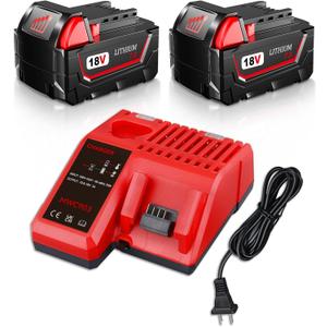 2-Pack 18V 7.0Ah Replacement for Milwaukee 18V Battery and Charger(red) Combo Compatible with Milwaukee Battery 48-11-1865 48-11-1850 48-11-1862 Cordless Power Tools