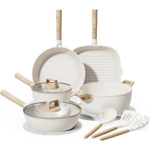 14 Piece Pots and Pans Set Non Stick, Premium Ceramic Cookware Set with Utensils, Large Capacity, Healthy and Non Toxic, Induction Ready, PTFE/PFAS/PFOA Free, Cream White