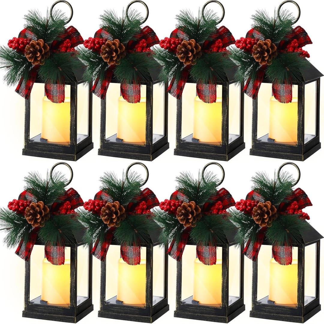 Tioncy 8 Pack Christmas Decorative Candle Lantern Christmas Lights Battery Operated Xmas Vintage Led Hanging Lantern Holiday Centerpieces for Tables Porch Fireplace Indoor Outdoor Decor (Black)