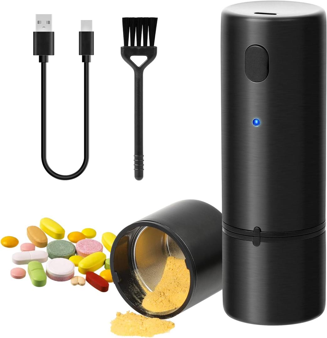 Vucchini Electric Pill Crusher Fine Powder Portable Stainless Steel Pill Grinder Pulverize Medication and Vitamin Tablets for Seniors, Pets (Black)