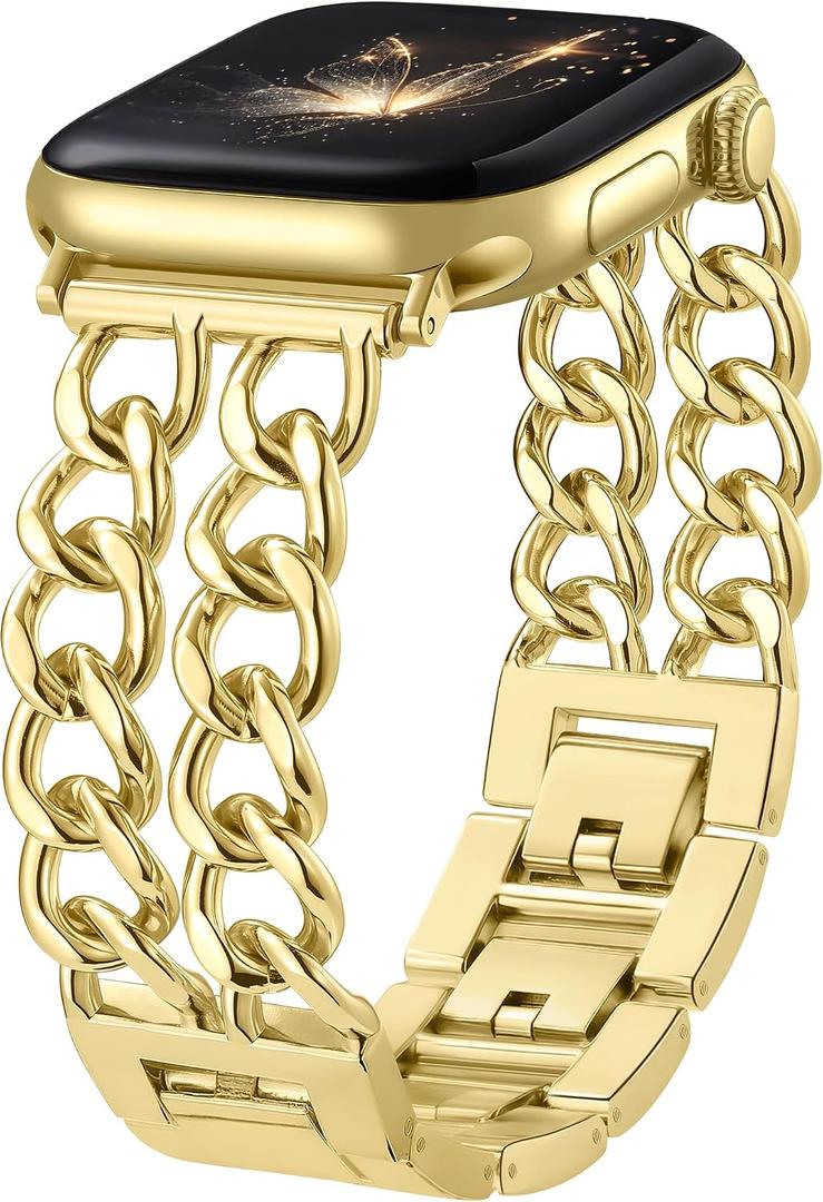 DaQin Gold Band Compatible with Apple Watch Bands for Women 40mm 42mm 38mm 41mm 44mm 45mm 46mm, Adjustable Metal Chain Link Bracelet Accessories for iWatch Band Series 11 10 9 8 7 6 5 4 3 2 1(No Case)