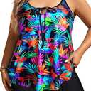 Daci Women Plus Size Tankini Swimsuit - 2 Piece Flowy Plus Size Bathing Suits and Shorts with Pockets 2025,Colorful Leaves, 24 Plus