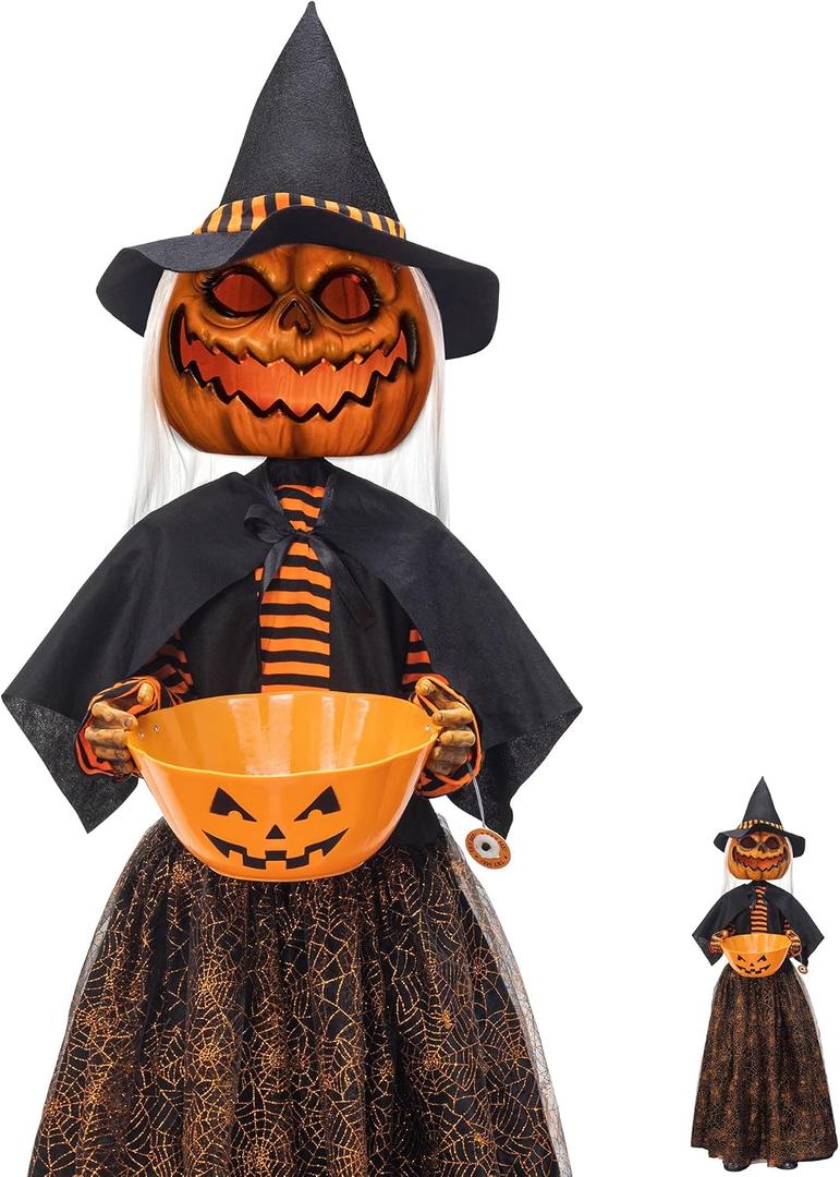 ITART 4.5ft Animated Pumpkin Scarecrow with Candy Bowl Prop Pumpkin Halloween Decorations for Trick or Treat Sound Activated with Lights and Singing
