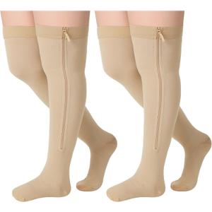 Sosation 2 Pairs Zipper Compression Socks Thigh High 20-30 Mmhg Compression Socks Closed Toe Thigh High Support Stockings for Pregnancy, Post-surgery, Swelling, Sports (Beige, 3X-Large)