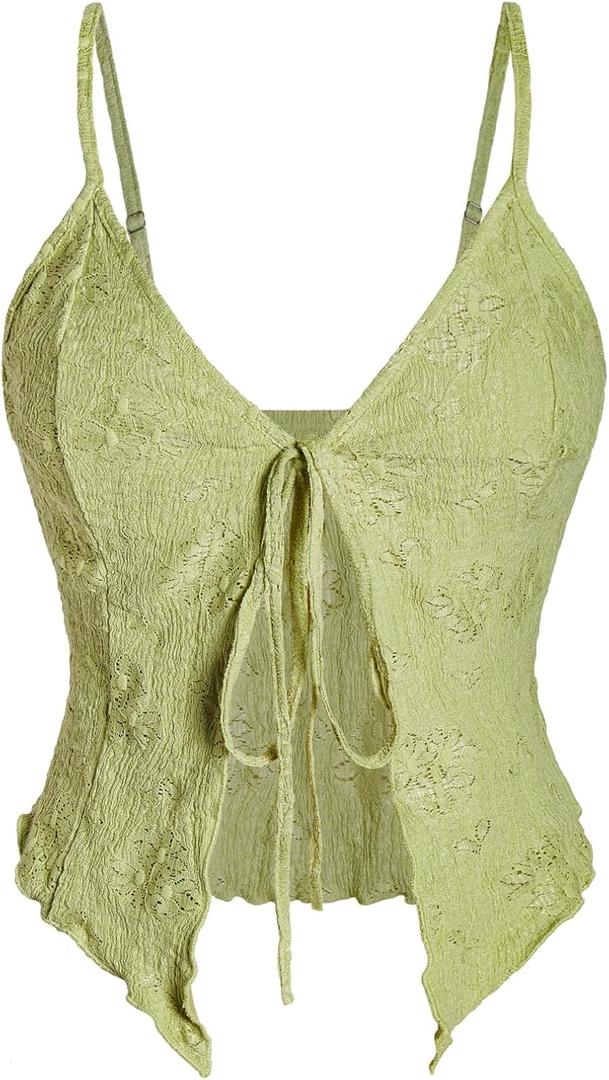 BEAUDRM Women's Going Out Tops Y2K Tie Front Asymmetrical Ruffle Hem Crop Tops Boho Cowgirl Outfits Green Small 