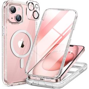 Miracase Glass Series Case for iPhone 15 [Compatible with MagSafe] Full Body Magnetic Case with Built-in 9H Tempered Glass Anti-Fingerprint Screen Protector + Camera Lens Protector, Clear Glitter