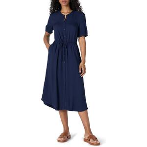 Amazon Essentials Womens Fit and Flare Half-Sleeve Waisted Midi A-Line Dress with Pockets, Small
