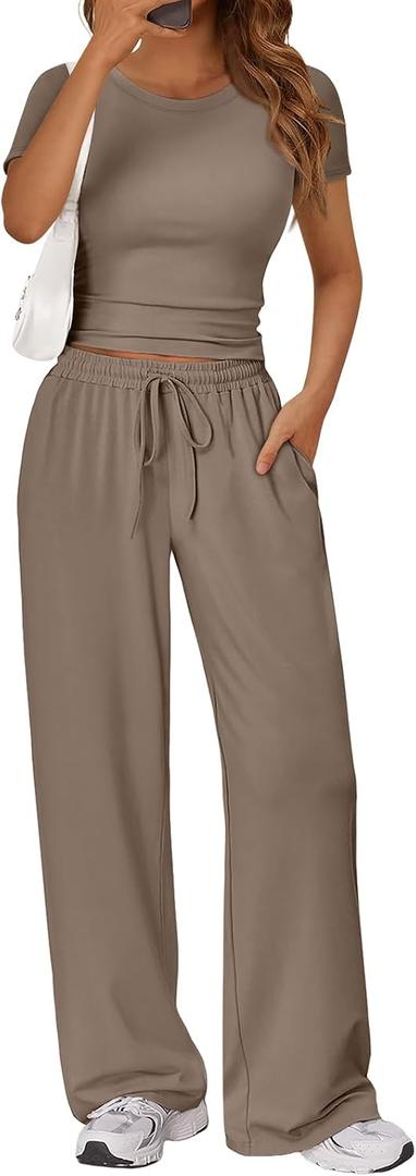 Trendy Queen 2 Piece Matching Summer Lounge Set Womens Side Ruching Top Wide Leg Pants Sets with Pockets, Size Medium