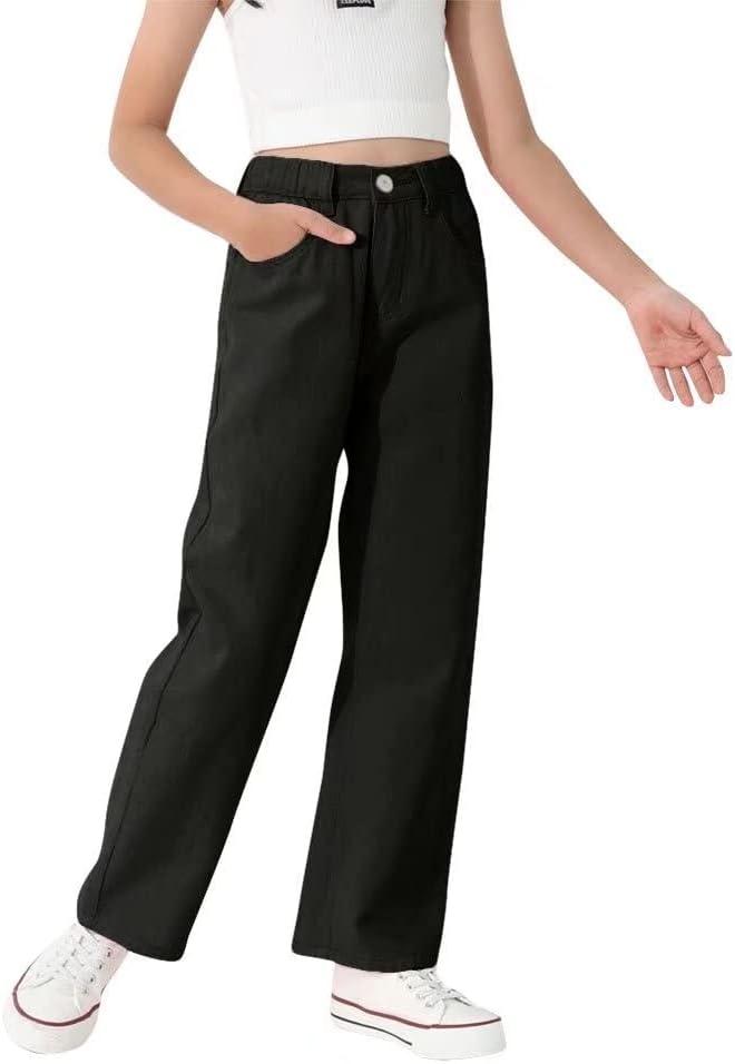 Girls Casual Denim Pants High Waisted Wide Leg Jeans with Pocket (6, Black)