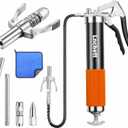 Grease Gun with Quick Release Coupler and Towel, 9000 PSI Professional Heavy Duty 14 oz Grease Gun with 18 Inch Spring Flex Hose, 1 Reinforced Coupler, 2 Extension Rigid Pipe and1 Sharp Nozzle