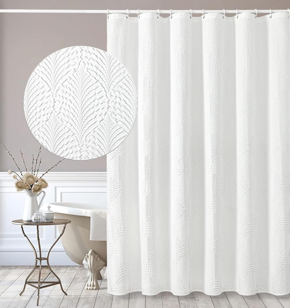 Gibelle Long Shower Curtain 72 x 78, Tall 3D Embossed Textured White Fabric Shower Curtain, Modern Farmhouse Chic Soft Cloth Bathroom Curtains Shower Set with Hooks