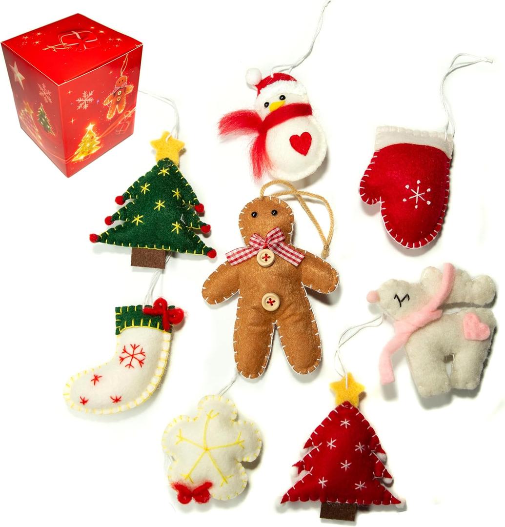 8pcs Handmade Felt Christmas Ornaments Set with Gift Box, Cozy Cottagecore Tree Decorations, Unique Santa Snowman Gingerbread for Xmas Tree (8pcs)
