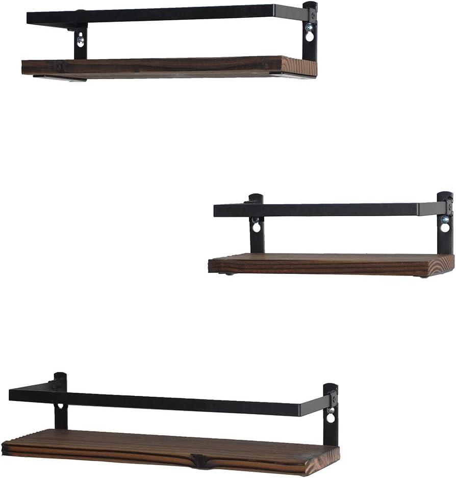 Floating Shelves Rustic Wood Wall Mounted Shelf Practical Metal Fence Design Ideal for Bedroom, Bathroom, Kitchen Set of 3(Brown) (Brown)