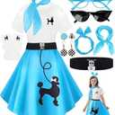 10Pcs Sock Hop Costume Outfit Girls 50s Poodle Skirt T Shirt Accessories | Girls' 50s vintage set with T-shirt, poodle skirt and polka dot accessories for retro birthday, sock hop party and halloween size XL