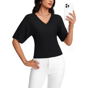 LYANER Women's Batwing Sleeve V Neck Slim Fit Elegant Blouse Top Shirt, L