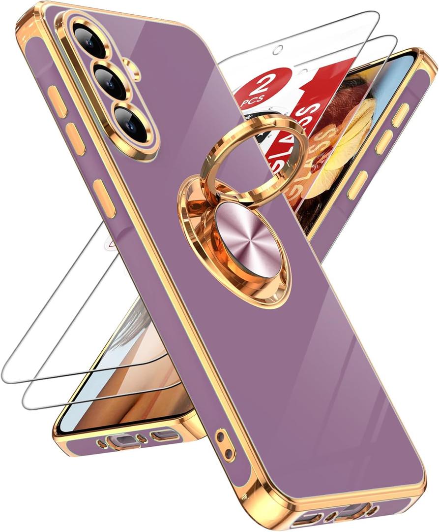 LeYi for Galaxy A56-5G Case: with 2 Pack Tempered Glass Screen Protector and 360 Rotatable Ring Holder Magnetic Kickstand, Plating Rose Gold Edge for Galaxy A 56 5G Case, Purple
