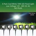 6 Pack Cool White 10W LED Flood Light Outdoor Waterproof IP65, Wall Security Landscape Lamp, Home, Square, Yard, Garage, Street, Pathway, Spike Stand, Low Voltage 12V 24V 36V 48V 60V DC AC