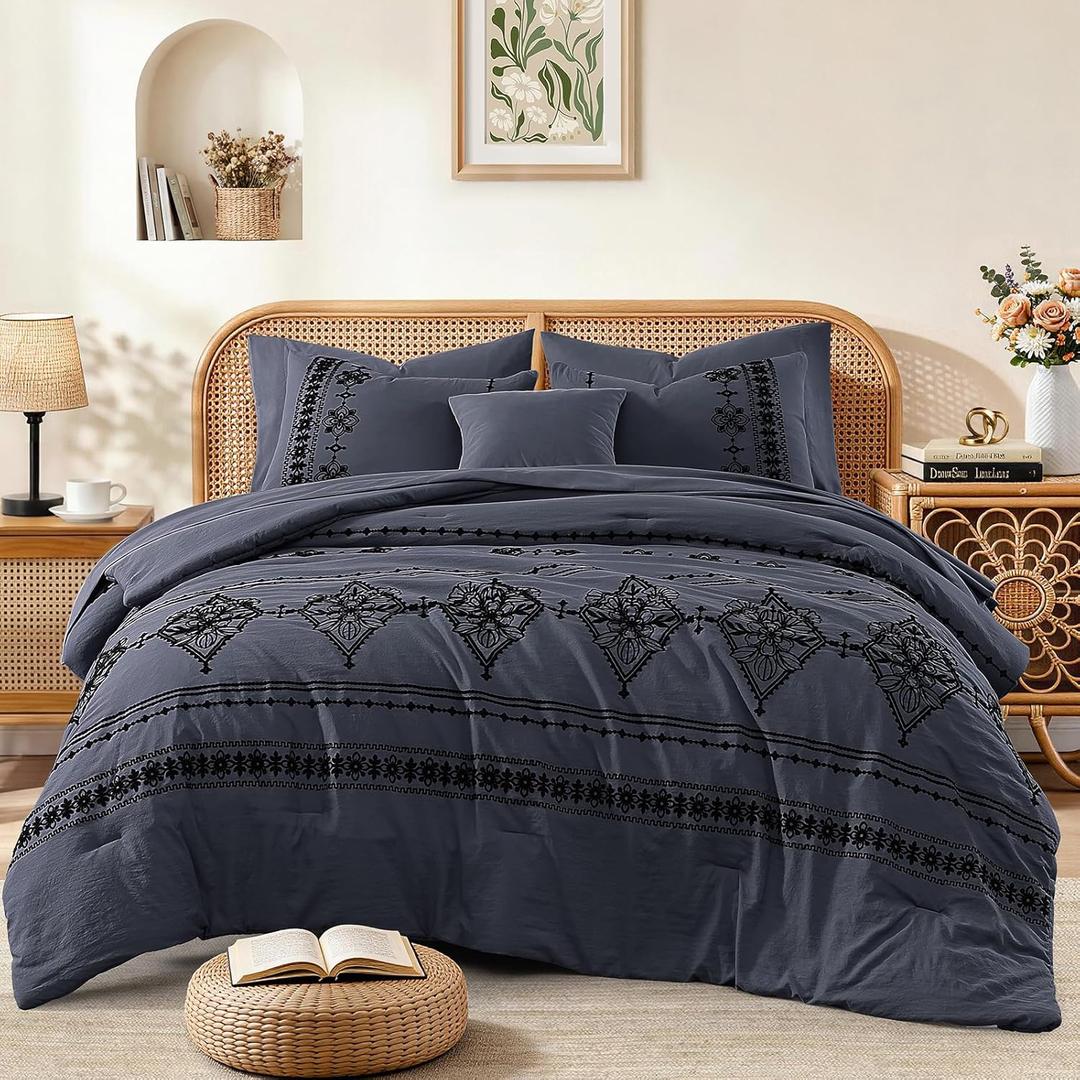 MaiRve Queen Size Comforter Set Crown Blue, Embroidery Floral Western Boho Bedding Set, All Season 7 Pieces Bed in a Bag with Sheets, Pillowcases & Shams