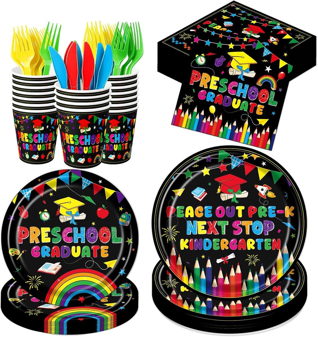 Pre K Graduation Decoration, 160 Preschool Grad Plates and Napkins Tableware Cups Set, Peace Out Pre-K Next Stop Kindergarten Grad Party Tableware Set Decor Supplies Serve 25
