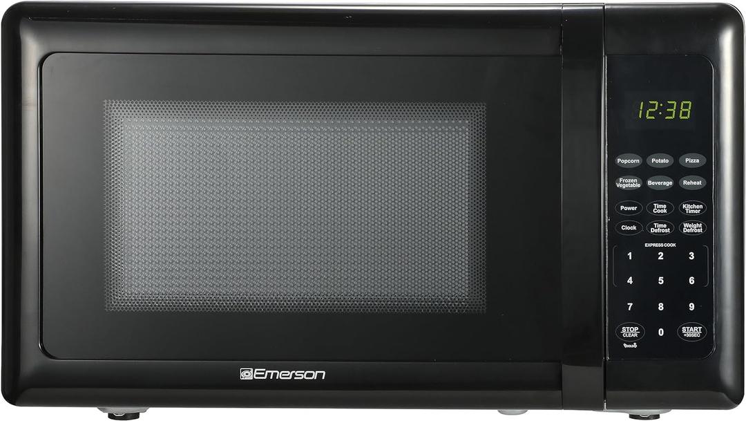 Emerson MW7302B Compact Countertop Microwave Oven with Touch Control, LED Display, 700W, 10 Power Levels, 6 Auto Menus, Glass Turntable and Child Safe Lock, 0.7 Cu., Ft. Black