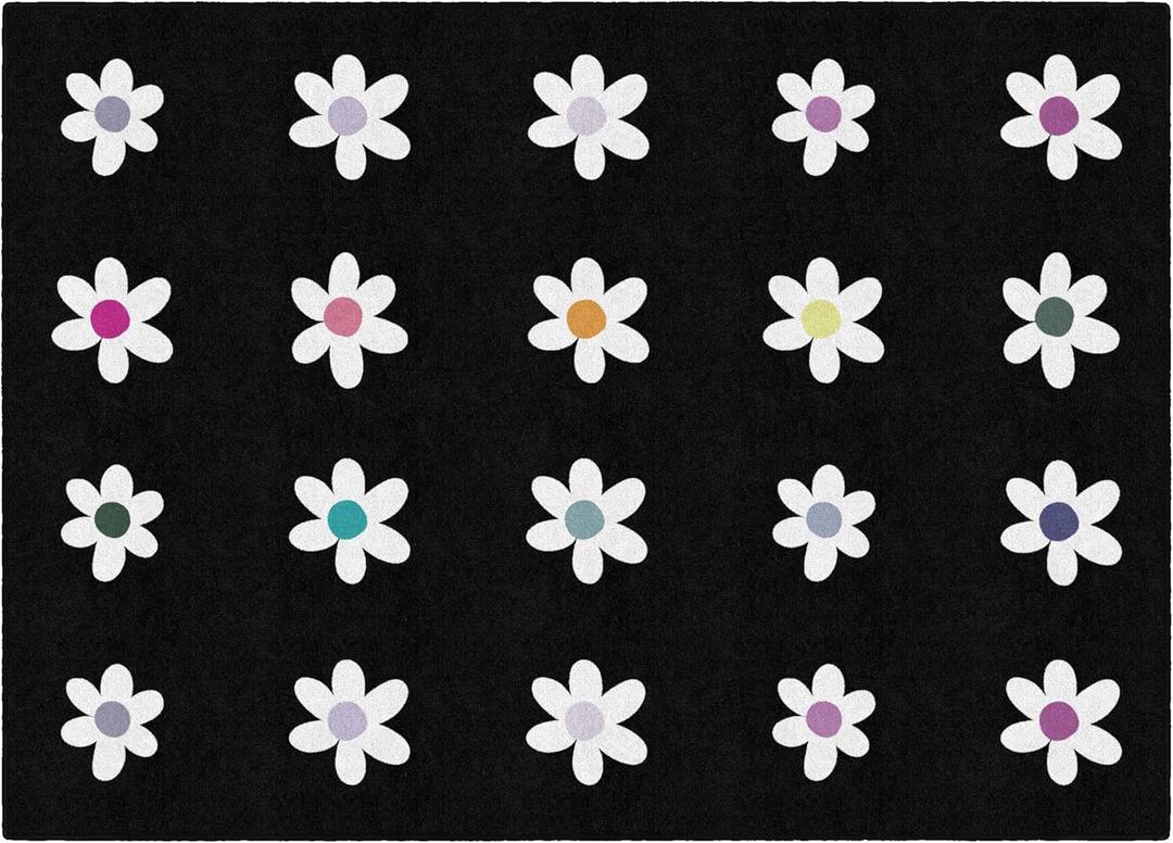 Flagship Carpets Daisies on Black Criss-Cross Applesauce Educational Area Rug for Kids Room, Children's Classroom, Play Carpet for Teaching & Playroom, 5' x 7'6", Seats 20
