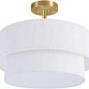 Semi Flush Mount Ceiling Light, 16.5'' Gold Light Fixture Ceiling Mount, Modern Anti-Glare Close to Ceiling Light with 2-Layer White Linen Shade for Bedroom Hallway Living Room (E26 Base,No Bulb)