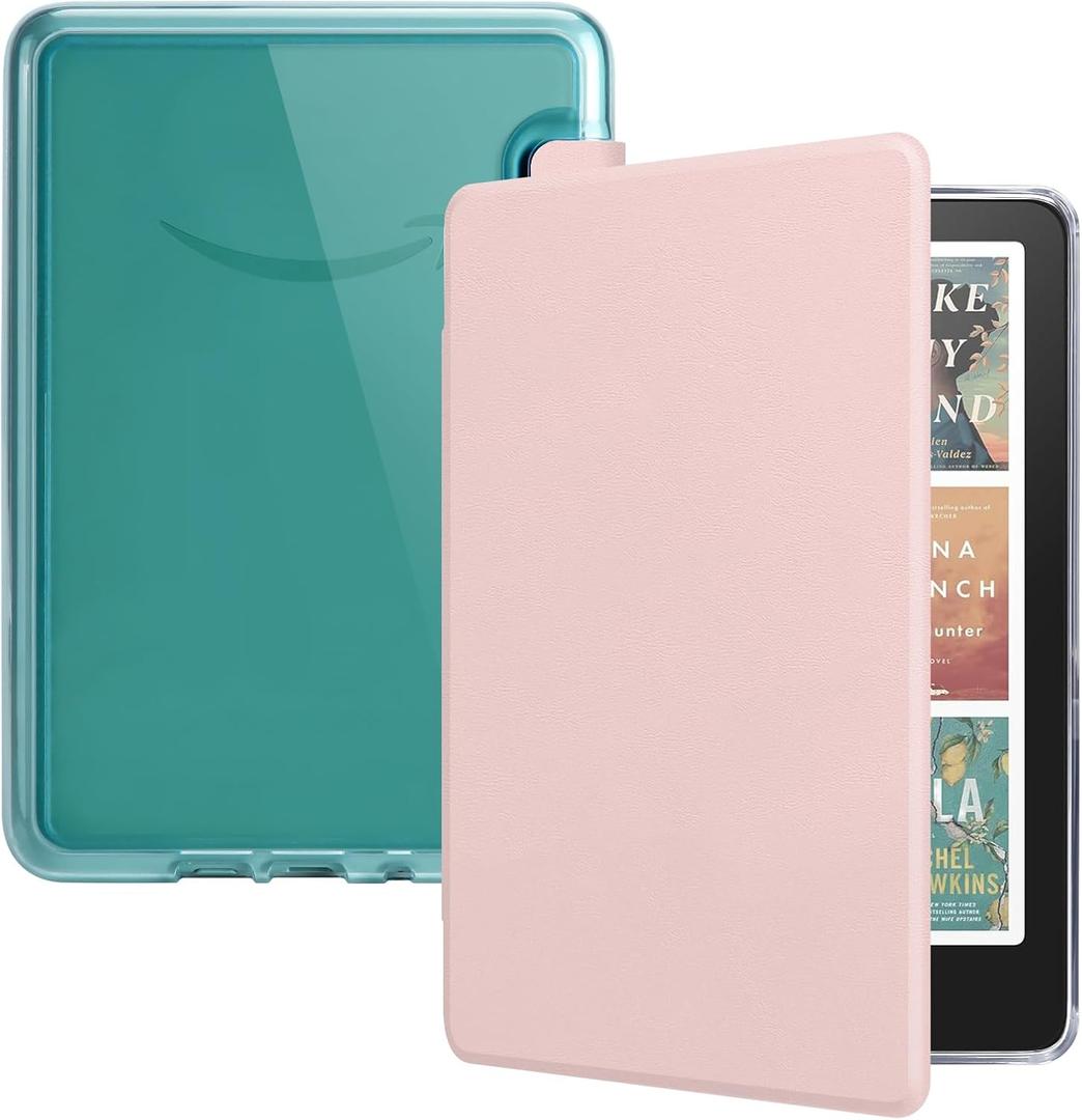 Case for 7" Kindle Paperwhite 12th Gen 2024 & Kindle Colorsoft Signature Edition, Clear Back Shell with PU Leather Cover, Auto Sleep/Wake, Sakura Pink