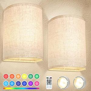FINCMY Battery Operated Wall Sconces Set of Two, 18 RGB Colors Stick on Wall Lights with Remote, Changeable Dimmable Height Fabric Battery Powered Wall Lights for Bedroom Living Room Hallway