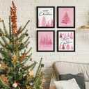 DSHFG Pink Christmas Tree Pictures Wall Decor Prints, Pink Christmas Bathroom Bedroom Wall Art Posters, Xmas Decorations for Home Bathroom Bedroom Living Room 4Pcs, 8x10 Unframed