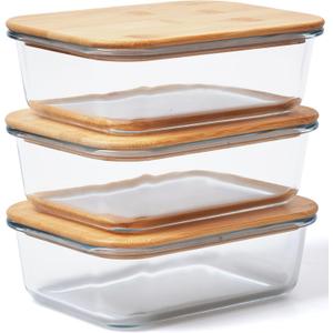 Prosumer's Choice Glass Containers with Bamboo Lids, 36oz - Set of 3 Stackable Food Storage with Wood Lids - Lunch Meal Prep Container Box - Made of Borosilicate Glass - with Silicone Ring