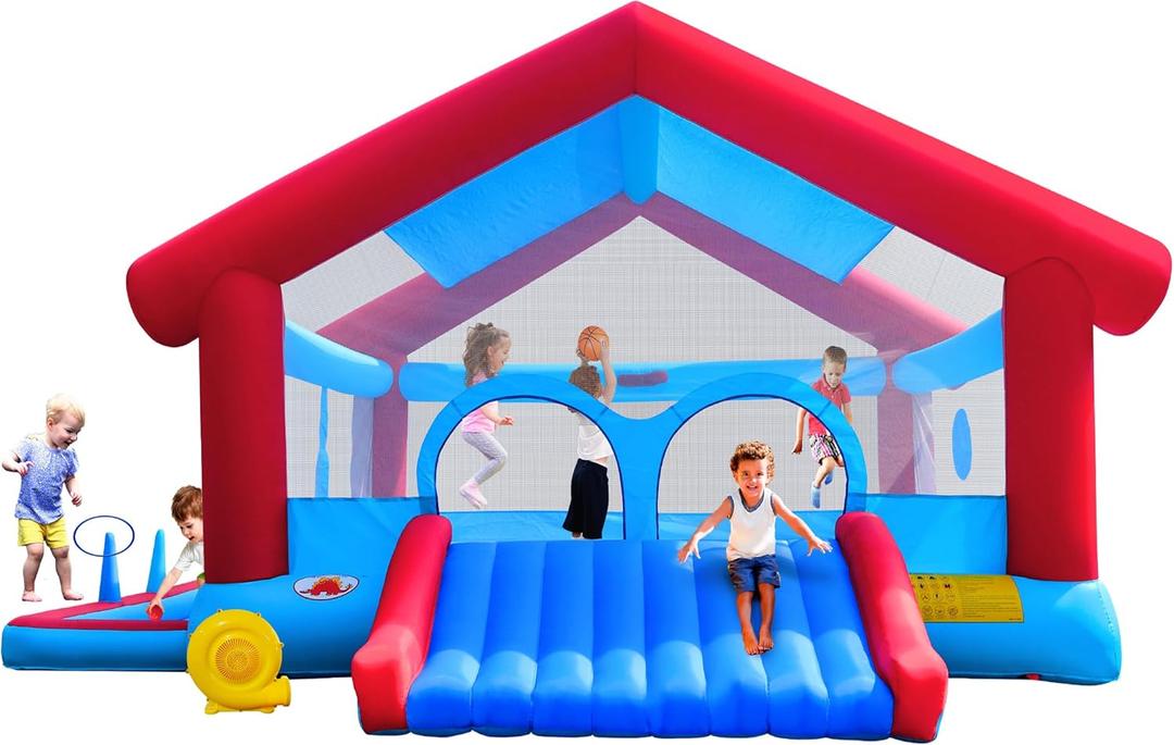 WELLFUNTIME Inflatable Bounce House, Large Shade Tent Bouncing Castle with Blower, 17.9 ft L x 14.8 ft W x 9.8 ft H, Bouncer for 6 Kids, Ages 3-12, Basketball Hoop, Ringtoss, Dartboard, Ball Pit