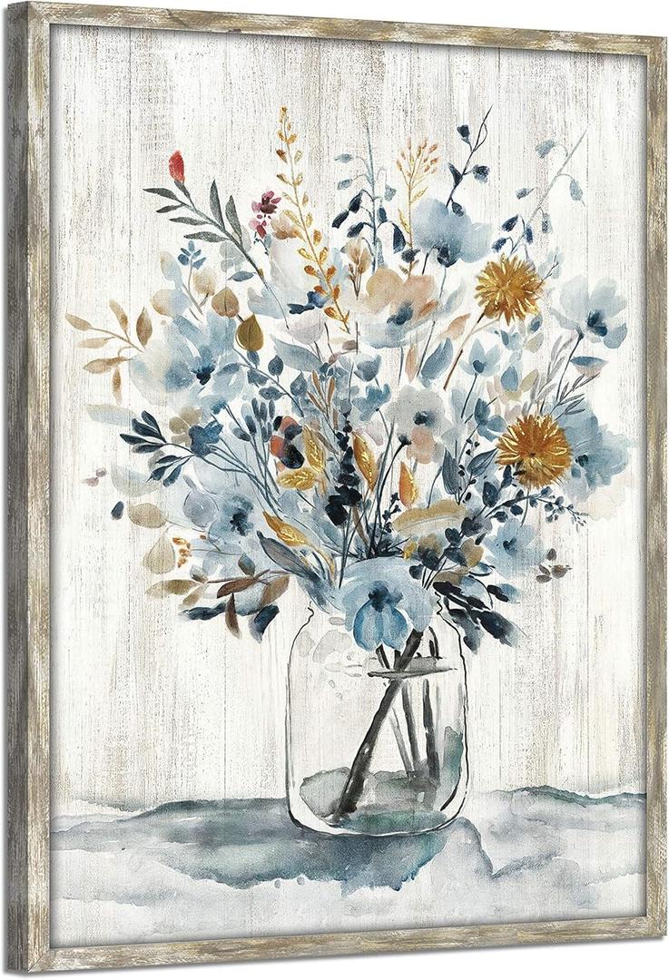 Abstract Flower Wooden Wall Art: Gray Blue Floral Blossom Picture Rustic Botanical Prints Framed for Bathroom (11W x 16H, Multi-Sized/Material)