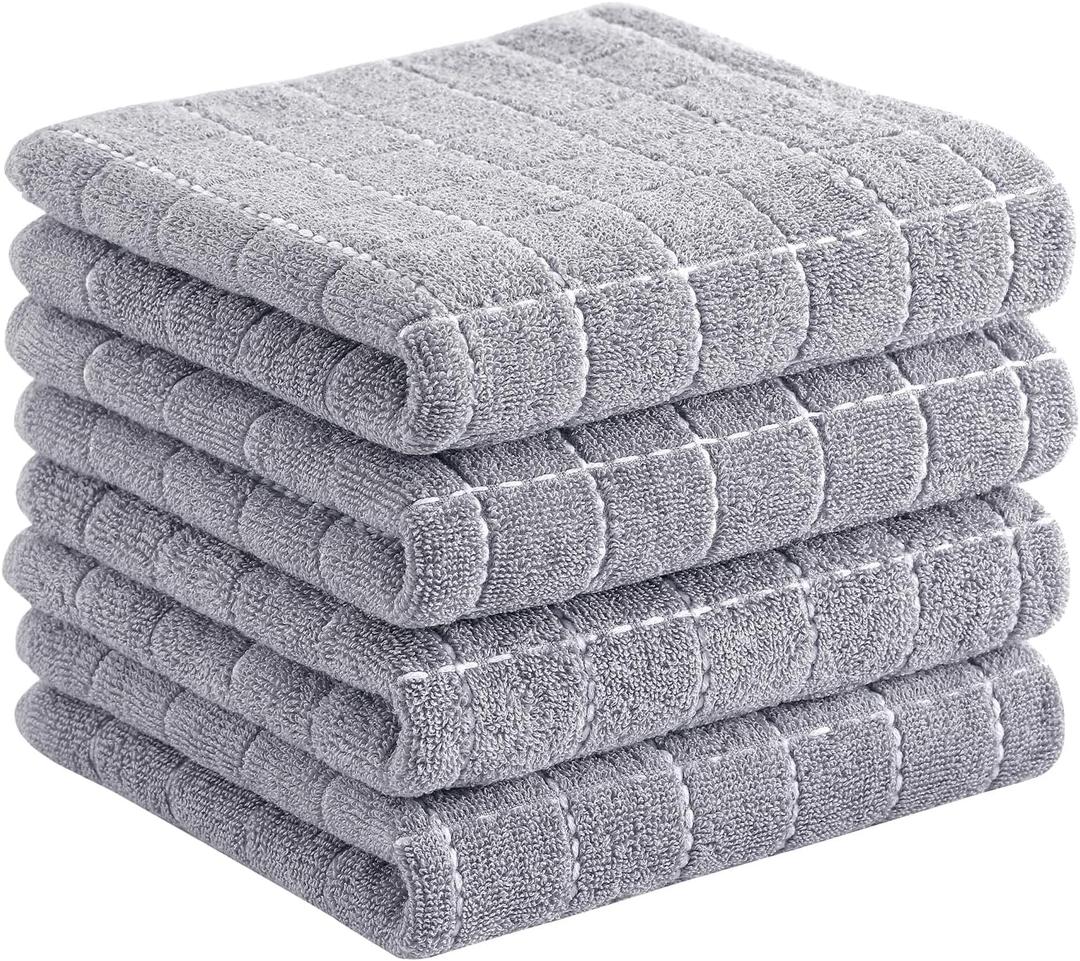 Homaxy 100% Cotton Terry Kitchen Towels(Light Grey, 13 x 28 Inches), Checkered Designed, Soft and Super Absorbent Dish Towels, 4 Packs