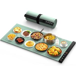 Warming Mat for Food  Full Surface Rapid Heating, Rollable & Portable Food Warmer Mat with 6 Temperature Settings and 14 Hours Adjustable Timer, Silicone Heating Mat for Party Buffet (GreenXXL)