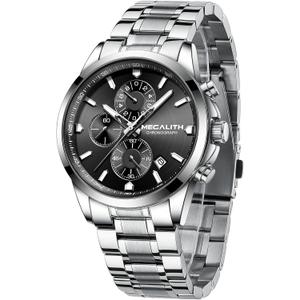 MEGALITH Wrist Watches for Men Luxury: Dress Silver Stainless Steel Chronograph Watch Waterproof - Gift for Husband Father at Birthday Anniversary